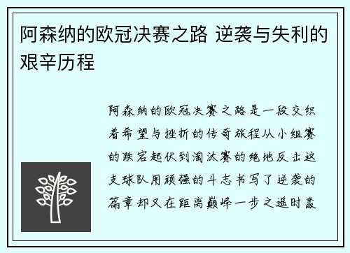 阿森纳的欧冠决赛之路 逆袭与失利的艰辛历程